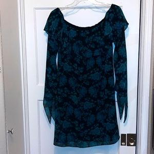 Off-Shoulder Elegant Dress with Ruffle  Sheer Rose Pattern over Black Sz 12